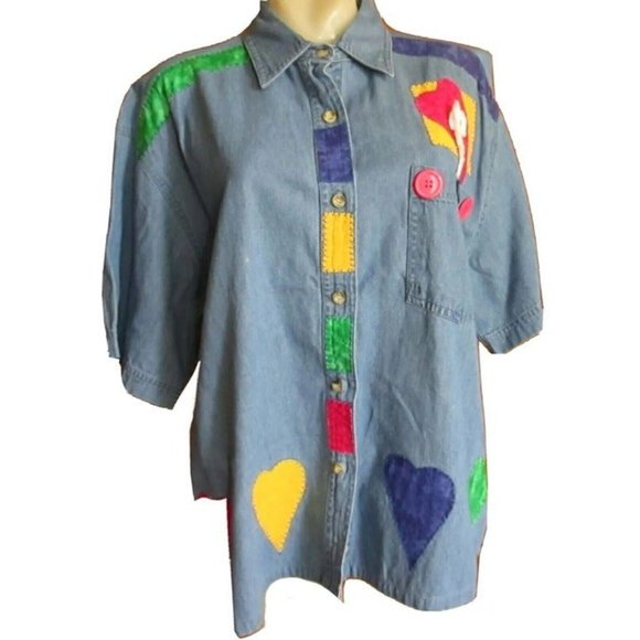 Tops - Vintage 1990s Womens Patched Shirt Denim Hearts XL Upper West Side Blue Colors
